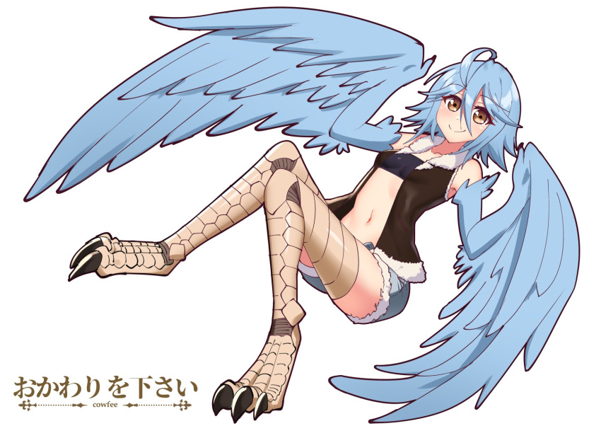 1girl ahoge artist_logo bare_shoulders bird_legs blue_hair blue_wings breasts brown_eyes commentary cowfee cutoffs english_commentary eyebrows_visible_through_hair feathered_wings full_body fur-trimmed_jacket fur_collar fur_trim hair_between_eyes harpy highres jacket looking_at_viewer midriff monster_girl monster_musume_no_iru_nichijou navel papi_(monster_musume) short_hair short_shorts shorts simple_background sleeveless sleeveless_jacket small_breasts smile solo strapless talons tubetop white_background winged_arms wings