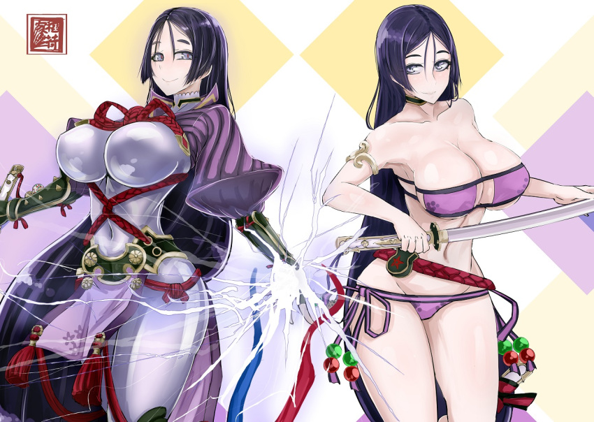 b.d bangs bikini black_gloves bodysuit breasts choker curvy eyepatch_bikini fate/grand_order fate_(series) fingerless_gloves gloves katana large_breasts loincloth long_hair low-tied_long_hair minamoto_no_raikou_(fate/grand_order) minamoto_no_raikou_(swimsuit_lancer)_(fate) parted_bangs purple_bikini purple_bodysuit purple_hair ribbed_sleeves rope side-tie_bikini strapless strapless_bikini swimsuit sword tabard very_long_hair violet_eyes weapon