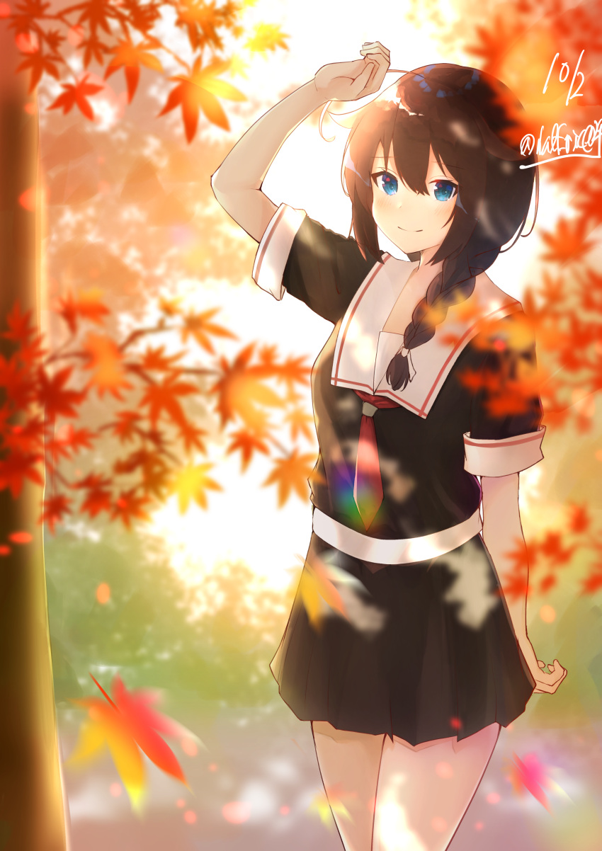 1girl absurdres ahoge arm_up autumn autumn_leaves bangs bare_legs black_serafuku black_skirt blue_eyes blurry blush braid brown_hair closed_mouth cowboy_shot dated day depth_of_field eyebrows_visible_through_hair hair_between_eyes hair_flaps hair_ornament hair_over_shoulder highres kantai_collection long_hair looking_at_viewer necktie outdoors pleated_skirt red_neckwear remodel_(kantai_collection) sailor_collar school_uniform serafuku shigure_(kantai_collection) shiina_aoi short_sleeves signature single_braid skirt smile solo sunlight twitter_username white_sailor_collar