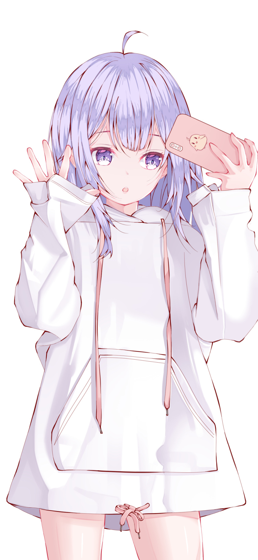 1girl absurdres ahoge alternate_costume azur_lane bird casual cellphone chick commentary_request contemporary highres holding hood hooded_sweater long_hair looking_at_viewer manjuu_(azur_lane) one_eye_closed parted_lips phone purple_hair simple_background smartphone solo sweater unicorn_(azur_lane) violet_eyes waving white_background white_sweater zuu_(qq770463651)