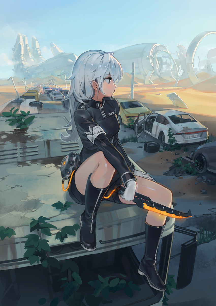 1girl absurdres bangs black_footwear black_jacket black_shorts boots breasts car commentary_request ddal eyebrows_visible_through_hair gloves glowing glowing_weapon grey_eyes ground_vehicle hair_between_eyes highres holding holding_weapon jacket lamppost long_hair long_sleeves looking_away looking_to_the_side mecha motor_vehicle original road sand short_shorts shorts silver_hair sitting small_breasts solo tire weapon white_gloves