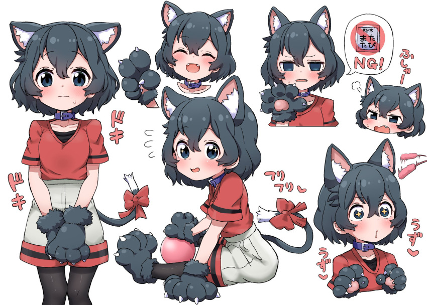 +_+ 1girl animal_ear_fluff animal_ears ball black_gloves black_hair black_legwear blue_eyes blush bow cat_ears cat_girl cat_tail cat_teaser collar commentary_request drooling extra_ears eyebrows_visible_through_hair fangs gloves hands_on_lap highres kaban_(kemono_friends) kemono_friends kemonomimi_mode multiple_views nekonyan_(inaba31415) no_hat no_headwear open_mouth pantyhose paw_gloves paws purple_collar red_bow red_shirt shirt short_hair short_sleeves shorts sitting solo sweatdrop t-shirt tail tail_bow translated wavy_mouth