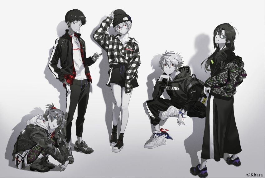 2boys 3girls arm_up ayanami_rei bag bangs beanie black_hair black_legwear blue_eyes boots casual chin_rest closed_mouth collarbone commentary_request expressionless eyebrows_visible_through_hair fashion glasses hair_ornament hand_in_pocket hand_up hat headphones highres holding holding_phone hood hoodie ikari_shinji invisible_chair jacket jacket_on_shoulders leggings legwear_under_shorts light_smile long_hair looking_at_viewer makinami_mari_illustrious monochrome multiple_boys multiple_girls nagisa_kaworu neon_genesis_evangelion official_art own_hands_together pants pantyhose phone plaid plaid_shirt print_jacket print_legwear rebuild_of_evangelion red_eyes shadow shirt shoes short_hair shorts sitting skirt smile sneakers socks souryuu_asuka_langley spot_color squatting standing studio_khara sweater tongue tongue_out track_jacket track_pants turtleneck turtleneck_sweater white_shirt wristband yoneyama_mai