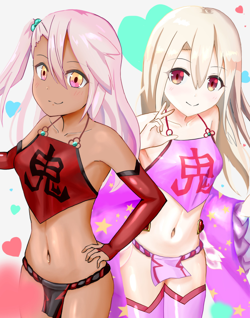 2girls bangs bare_shoulders black_fundoshi blush breasts chinese_clothes chloe_von_einzbern closed_mouth collarbone cosplay dark_skin detached_sleeves dudou fate/grand_order fate/kaleid_liner_prisma_illya fate_(series) fundoshi hair_between_eyes hair_bobbles hair_ornament hand_on_hip heart highres illyasviel_von_einzbern japanese_clothes long_hair looking_at_viewer multiple_girls navel one_side_up orange_eyes pink_fundoshi pink_hair red_eyes sash shuten_douji_(fate/grand_order) shuten_douji_(halloween_caster)_(fate) shuten_douji_(halloween_caster)_(fate)_(cosplay) silver_hair small_breasts smile star star_print terte thighs white_background