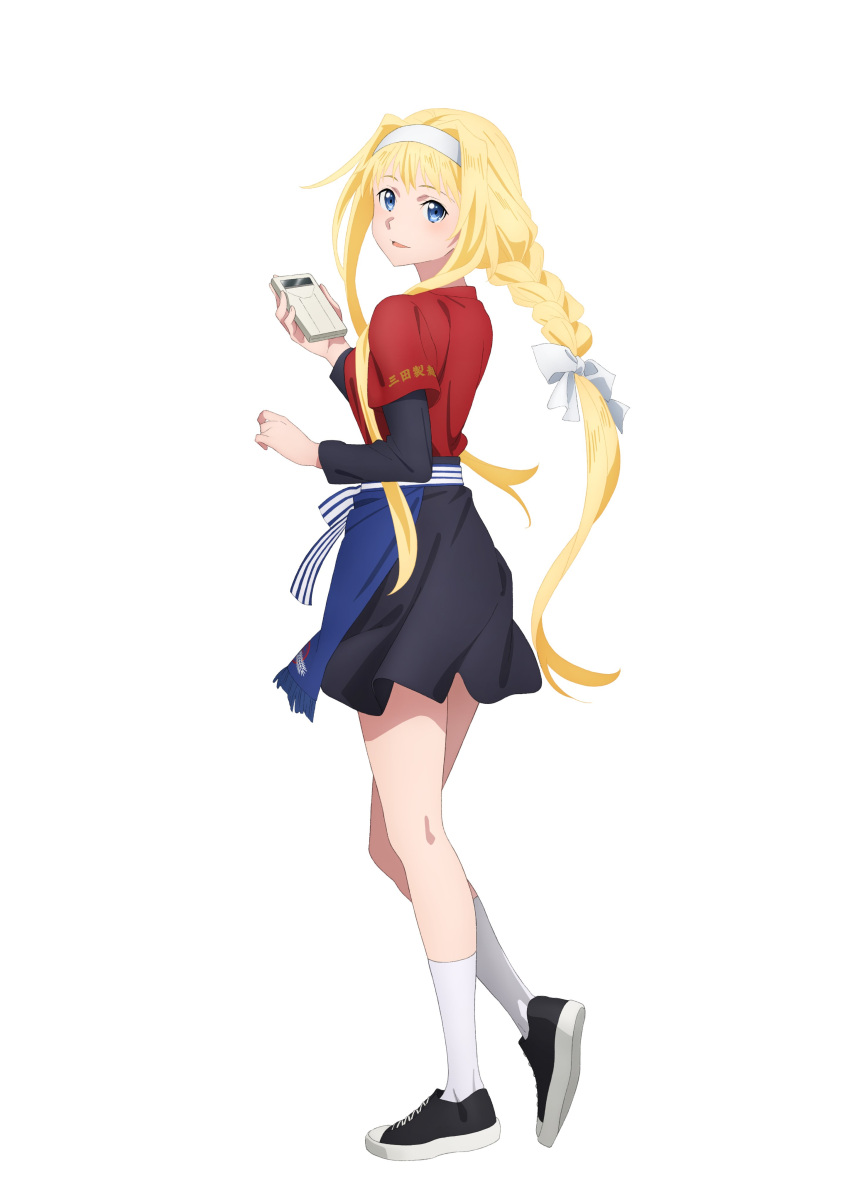 absurdres alice_schuberg black_skirt blonde_hair blue_eyes hair_ribbon highres long_hair looking_at_viewer looking_back red_shirt ribbon shirt shoes skirt sword_art_online sword_art_online_alicization white_legwear