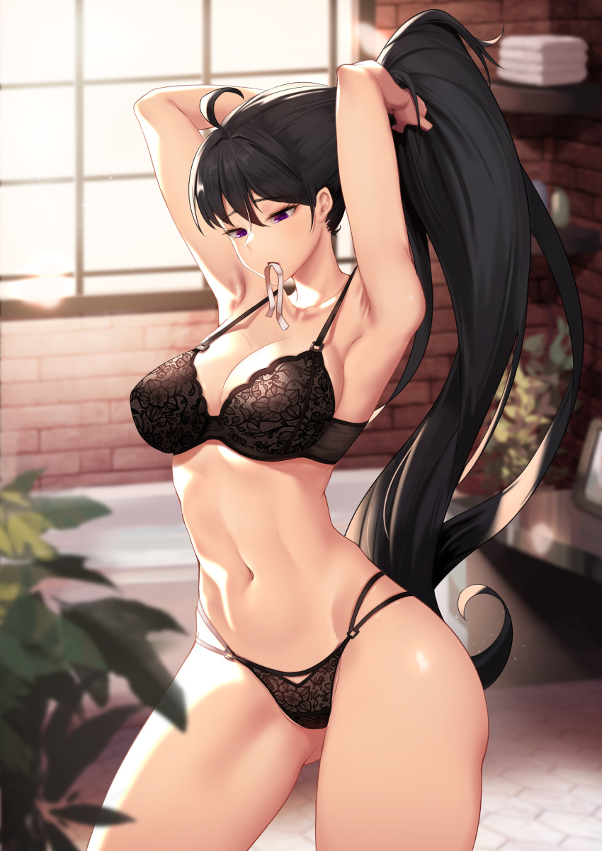 1girl absurdres adjusting_hair ahoge armpits arms_up ass_visible_through_thighs black_hair bra breasts collarbone daydream_(zhdkffk21) furrowed_eyebrows hair_between_eyes hair_tie_in_mouth half-closed_eyes high_ponytail highleg highleg_panties highres lace lace-trimmed_bra lace-trimmed_panties large_breasts long_hair mouth_hold multi-strapped_panties navel original panties ponytail solo stomach string_panties thighs underwear underwear_only violet_eyes