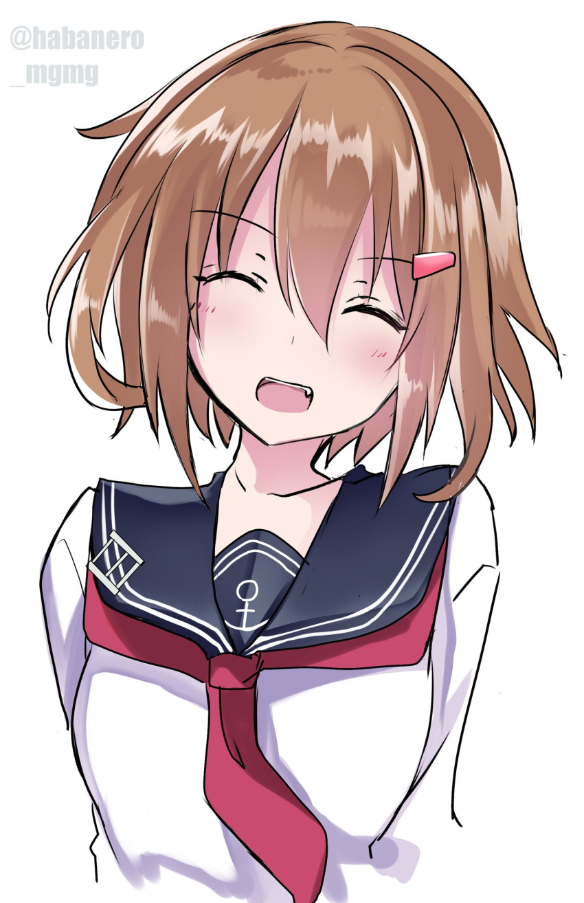 1girl badge black_sailor_collar brown_hair closed_eyes fang fathom highres ikazuchi_(kantai_collection) kantai_collection neckerchief open_mouth red_neckwear sailor_collar school_uniform serafuku short_hair simple_background smile solo twitter_username upper_body white_background