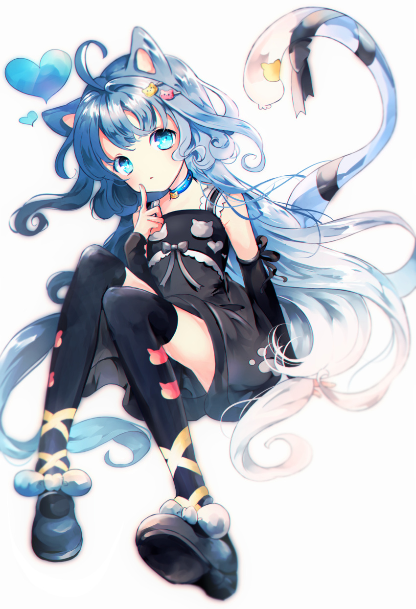 1girl absurdres ahoge animal_ears bangs bare_shoulders black_bow black_dress black_footwear black_legwear black_sleeves blue_collar blue_eyes blue_hair blush bow cat_ears cat_girl cat_hair_ornament cat_tail collar commentary_request detached_sleeves dress full_body fuyusuke_(hz+) hair_ornament hairclip heart highres long_hair long_sleeves looking_at_viewer original parted_lips shoe_soles shoes sidelocks simple_background sitting sleeveless sleeveless_dress solo tail thigh-highs very_long_hair white_background white_bow