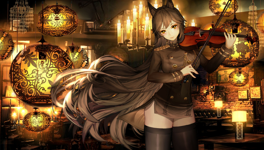 1girl adapted_costume animal_ears atago_(azur_lane) azur_lane black_legwear chandelier closed_mouth commentary_request double-breasted gudadan head_tilt highres holding holding_instrument indoors instrument lamp lantern long_hair long_sleeves looking_at_viewer military military_uniform solo thigh-highs thighs uniform very_long_hair violin violin_bow wolf_ears yellow_eyes zettai_ryouiki