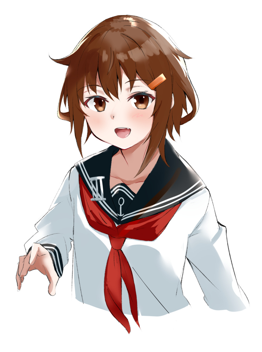 1girl anchor_symbol badge black_legwear black_sailor_collar brown_hair cropped_torso fang highres ikazuchi_(kantai_collection) kantai_collection neckerchief open_mouth red_neckwear sailor_collar school_uniform serafuku short_hair signature smile solo sui_(sui27shika) upper_body