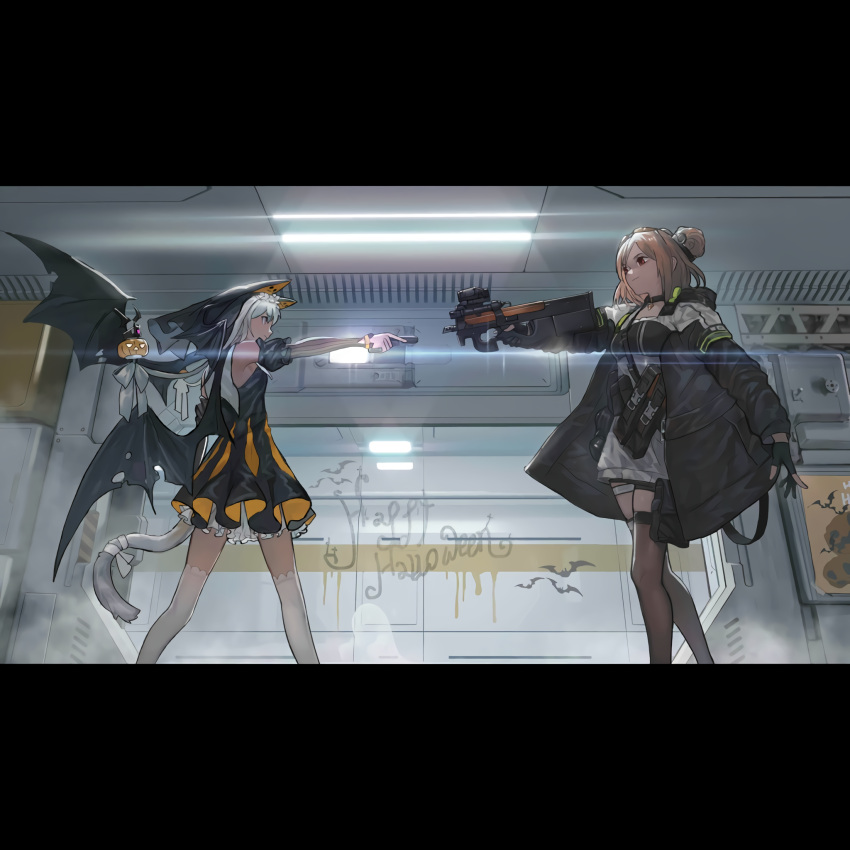 2girls aiming animal_ears bat_wings bullpup cat_ears cat_tail dinergate_(girls_frontline) english_text eyewear_on_head fake_animal_ears girls_frontline gun habit halloween halloween_costume handgun highres mexican_standoff multiple_girls nun official_art p7_(girls_frontline) p90 p90_(girls_frontline) spoilers submachine_gun sunglasses tail thigh-highs trigger_discipline weapon wings