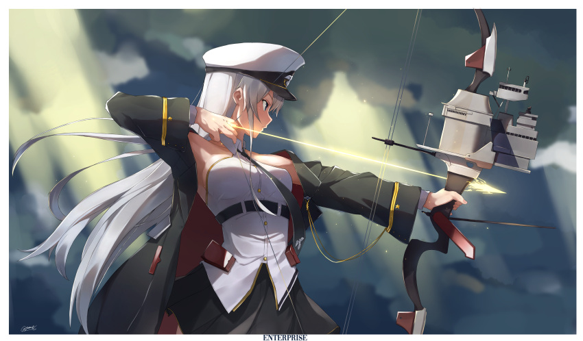 1girl absurdres aiming azur_lane bare_shoulders black_neckwear border bow_(weapon) breasts character_name clouds cloudy_sky coat compound_bow drawing_bow enterprise_(azur_lane) eyebrows_visible_through_hair from_side hat highres large_breasts long_hair looking_afar necktie outdoors peaked_cap serious shirt silver_hair skirt sky sleeveless sleeveless_shirt solo very_long_hair violet_eyes weapon yossui