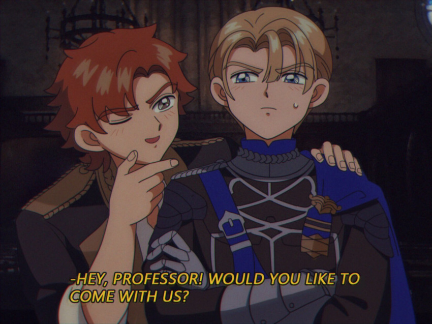 2boys 90s banana69281 blonde_hair blue_eyes crossed_arms dimitri_alexandre_blaiddyd english_text fire_emblem fire_emblem:_three_houses garreg_mach_monastery_uniform grey_eyes highres multiple_boys one_eye_closed redhead sweatdrop sylvain_jose_gautier tagme