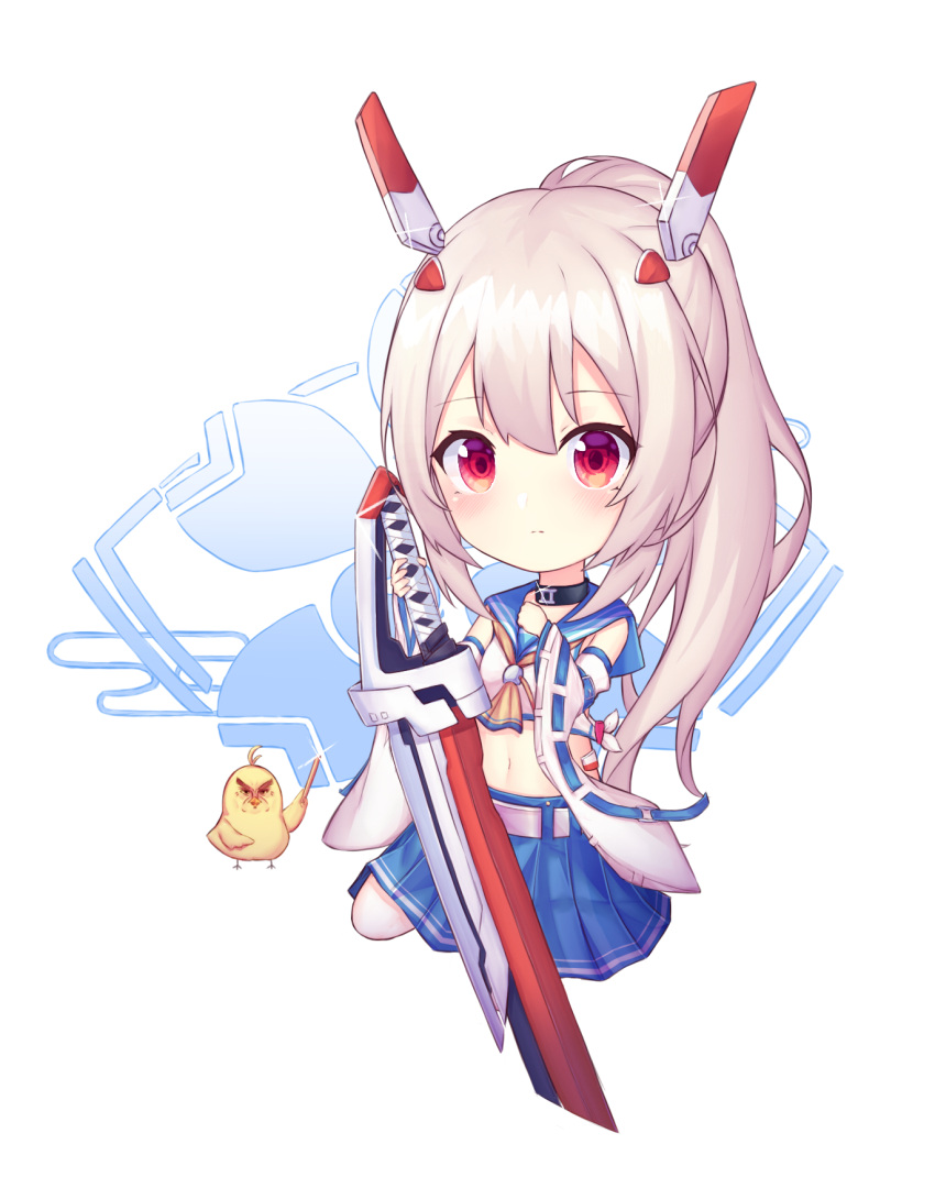 1girl ayanami_(azur_lane) azur_lane bird chibi chick choker commentary_request detached_sleeves ew0014 headgear highres holding holding_sword holding_weapon long_hair looking_at_viewer midriff navel pleated_skirt ponytail red_eyes retrofit_(azur_lane) school_uniform serafuku silver_hair simple_background sitting skirt sword wariza weapon white_background wide_sleeves