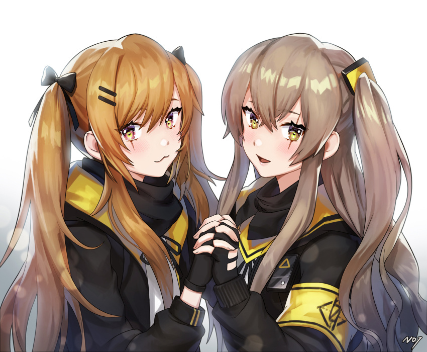 2girls bangs blush brown_eyes brown_hair commentary_request eyebrows_visible_through_hair fingerless_gloves girls_frontline gloves hair_between_eyes hair_ornament hairclip highres jacket long_hair looking_at_viewer multiple_girls noixen one_side_up open_mouth ribbon scar scar_across_eye shirt simple_background smile twintails ump45_(girls_frontline) ump9_(girls_frontline) white_background yellow_eyes