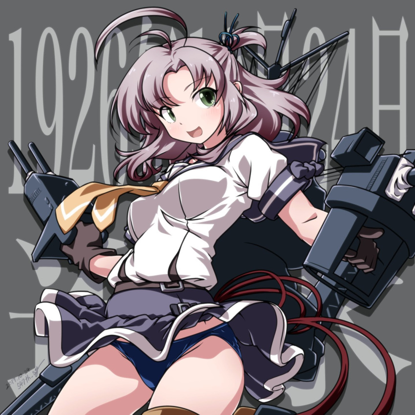 1girl 547th_sy antenna_hair background_text belt black_legwear blue_panties blue_skirt breasts brown_gloves cannon cowboy_shot dated eyebrows_visible_through_hair gloves green_eyes grey_background grey_hair hair_tie highres kantai_collection kinugasa_(kantai_collection) looking_at_viewer machinery medium_breasts necktie one_side_up open_mouth panties remodel_(kantai_collection) sailor_collar short_sleeves skirt smokestack solo thigh-highs turret underwear yellow_neckwear
