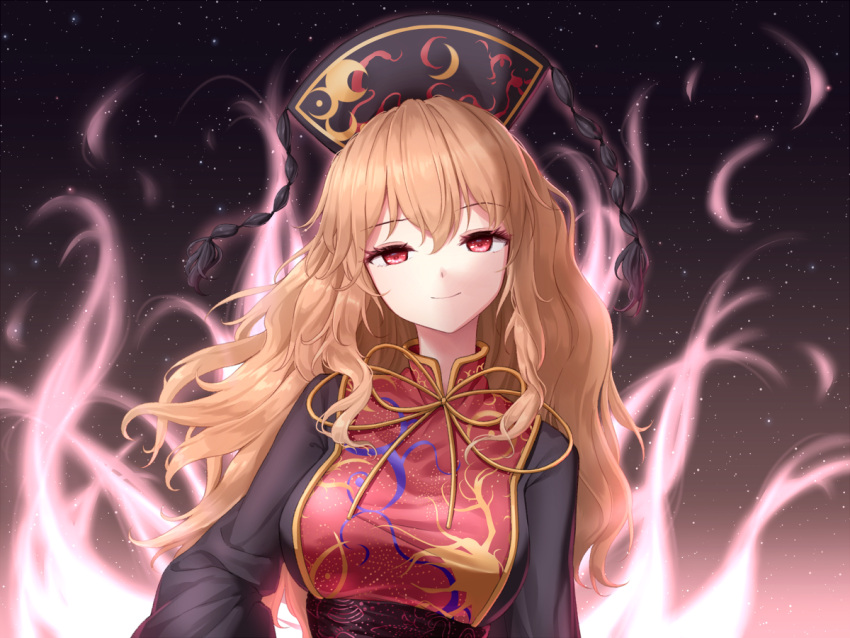 1girl aura bangs black_dress blonde_hair chinese_clothes commentary dress eyebrows_visible_through_hair hat junko_(touhou) long_hair long_sleeves looking_at_viewer minust red_eyes sash sky smile solo star_(sky) starry_sky tabard tassel touhou upper_body wavy_hair
