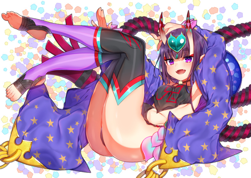 1girl akirannu ass bangs bare_shoulders black_fundoshi blush breasts chinese_clothes choker detached_sleeves dudou earrings eyeliner fangs fate/grand_order fate_(series) feet forehead_jewel fundoshi headpiece heart highres horns japanese_clothes jewelry legs legs_up looking_at_viewer low_twintails makeup oni oni_horns open_mouth pointy_ears purple_hair rope sash short_eyebrows short_hair short_twintails shuten_douji_(fate/grand_order) shuten_douji_(halloween_caster)_(fate) small_breasts smile solo star star_print thigh-highs toeless_legwear toes twintails violet_eyes white_background