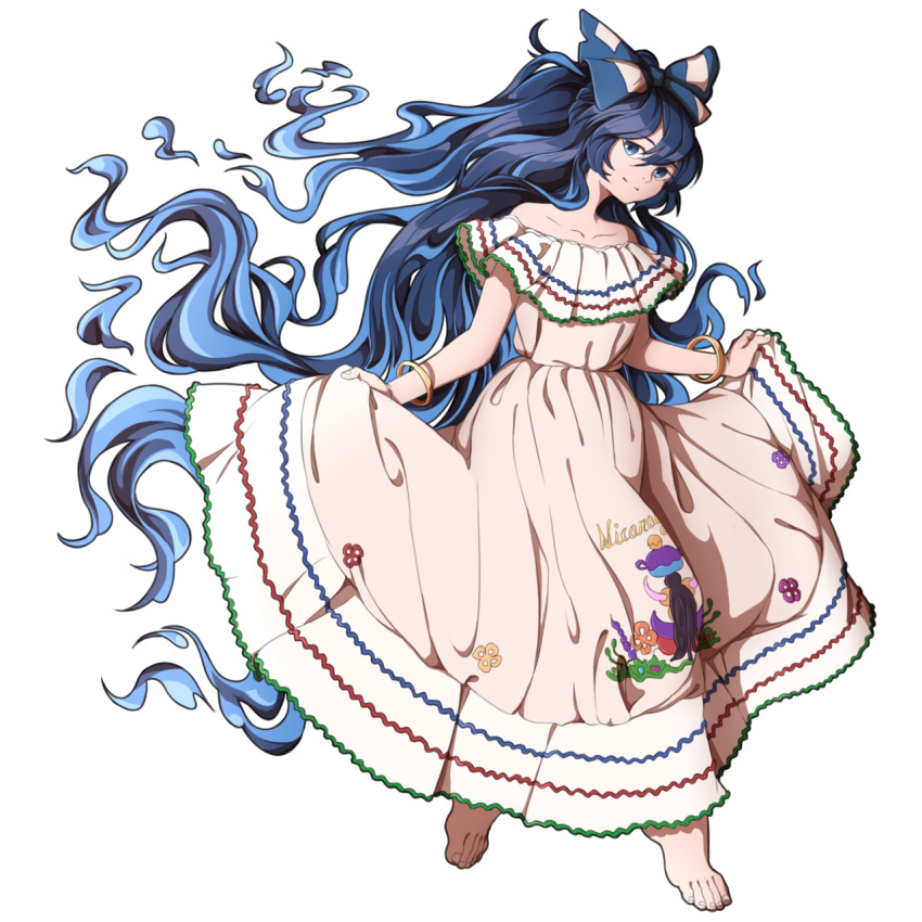 1girl bare_shoulders barefoot blue_bow blue_eyes blue_hair bow bracelet collarbone commentary dress hair_bow highres jewelry long_hair mefomefo nicaragua off-shoulder_dress off_shoulder simple_background skirt_hold solo touhou white_background white_dress yorigami_shion