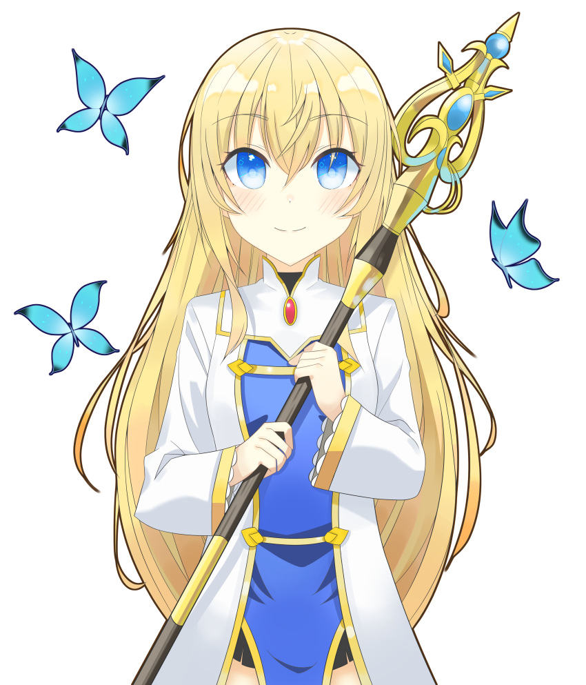 1girl absurdres blonde_hair blue_eyes blush breasts bug butterfly commentary_request eyebrows_visible_through_hair gkdnd goblin_slayer! hair_between_eyes highres holding holding_staff insect long_hair long_sleeves medium_breasts priestess_(goblin_slayer!) simple_background smile staff white_background