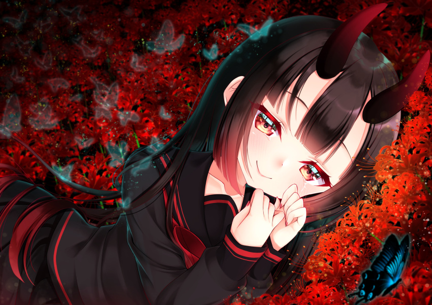 1girl bangs black_hair black_sailor_collar black_serafuku black_shirt black_skirt blush bow closed_mouth commentary_request crying crying_with_eyes_open dutch_angle eyebrows_visible_through_hair fingernails flower gradient_hair hands_up highres horns long_hair long_sleeves looking_at_viewer lying mirai_(happy-floral) multicolored_hair nail_polish on_side oni oni_horns original pleated_skirt red_bow red_eyes red_flower red_nails redhead sailor_collar school_uniform serafuku shirt skirt sleeves_past_wrists smile solo spider_lily tears very_long_hair