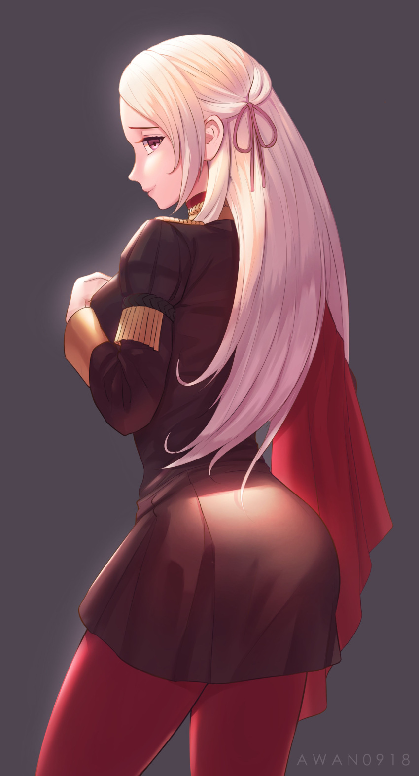 1girl absurdres artist_name ass awan0918 black_dress breasts cape closed_mouth commentary cowboy_shot dress edelgard_von_hresvelg fire_emblem fire_emblem:_three_houses from_behind garreg_mach_monastery_uniform gradient gradient_background grey_background hair_ribbon hand_on_own_chest highres long_hair long_sleeves looking_at_viewer looking_back pantyhose profile purple_ribbon red_cape red_legwear ribbon school_uniform small_breasts smile solo white_hair