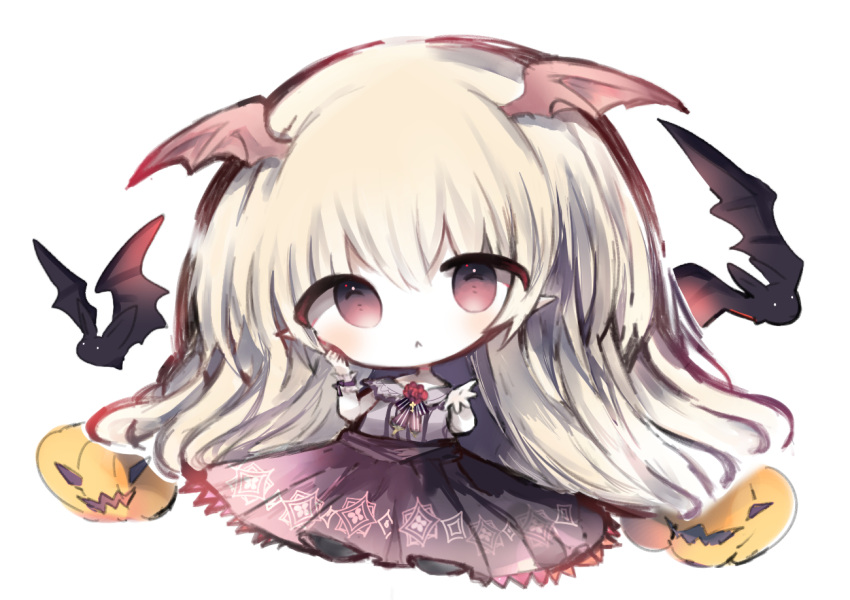 1girl :&lt; animal bangs bat bat_wings blonde_hair blush closed_mouth collared_shirt commentary_request cottontailtokki eyebrows_visible_through_hair flower full_body granblue_fantasy hair_between_eyes head_wings jack-o'-lantern long_hair long_sleeves looking_at_viewer pleated_skirt pointy_ears purple_skirt red_eyes red_flower red_rose red_wings rose shingeki_no_bahamut shirt simple_background skirt solo vampy very_long_hair white_background white_shirt wings