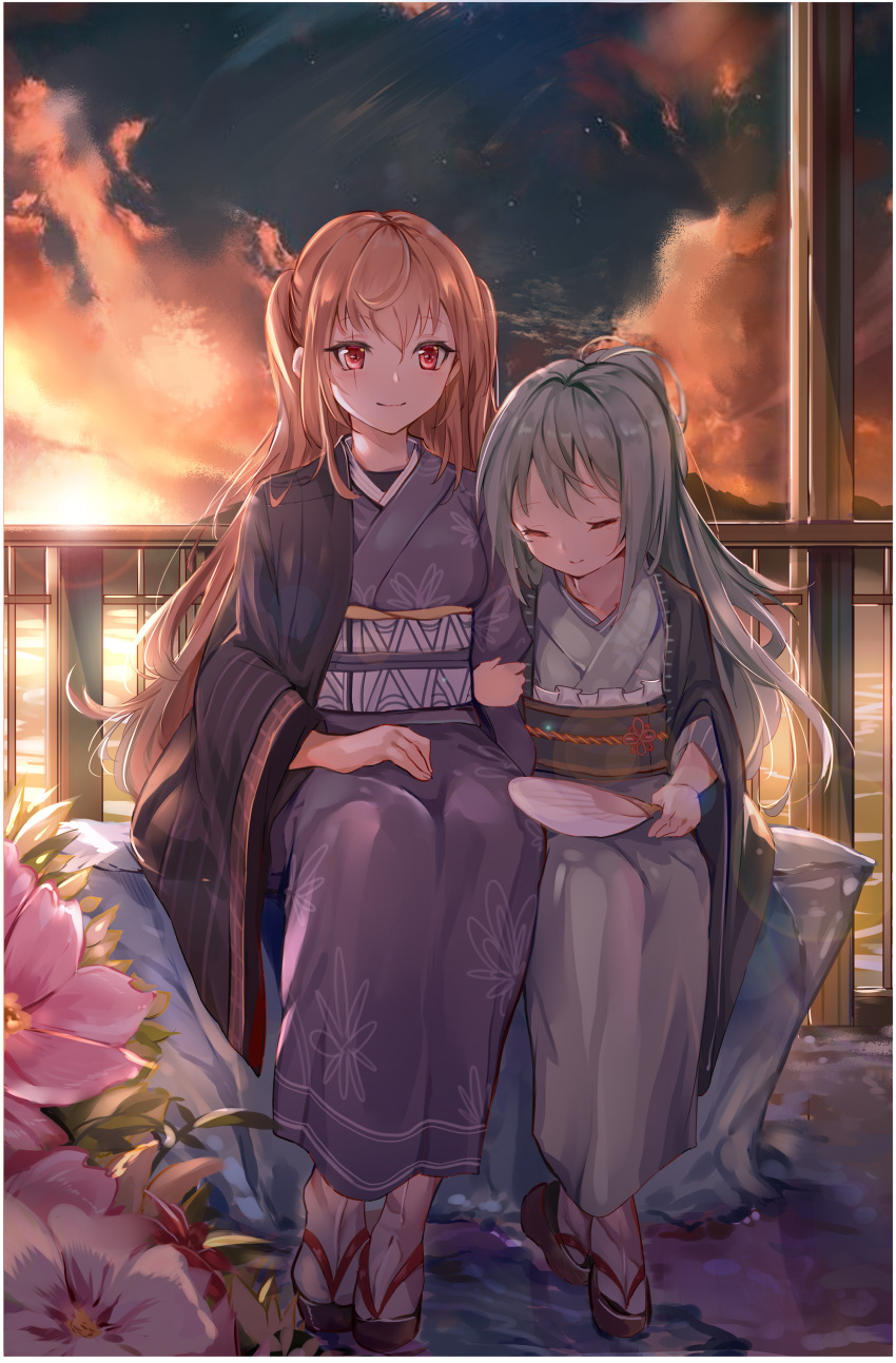 2girls absurdres age_difference alternate_costume arm_hug b_b_b_b66 backlighting bangs bench black_kimono blush breasts brown_hair closed_eyes closed_mouth clouds commentary evening eyebrows_visible_through_hair facial_scar fan flower frills full_body g11_(girls_frontline) geta girls_frontline green_kimono hand_on_lap height_difference highres holding holding_fan japanese_clothes kimono lens_flare long_hair long_sleeves looking_at_viewer multiple_girls obi off_shoulder open_clothes paper_fan pink_flower ponytail railing redhead sash scar scar_across_eye sidelocks silver_hair sitting sky small_breasts smile sunlight sunset tabi twintails uchiwa ump9_(girls_frontline) very_long_hair white_legwear yukata