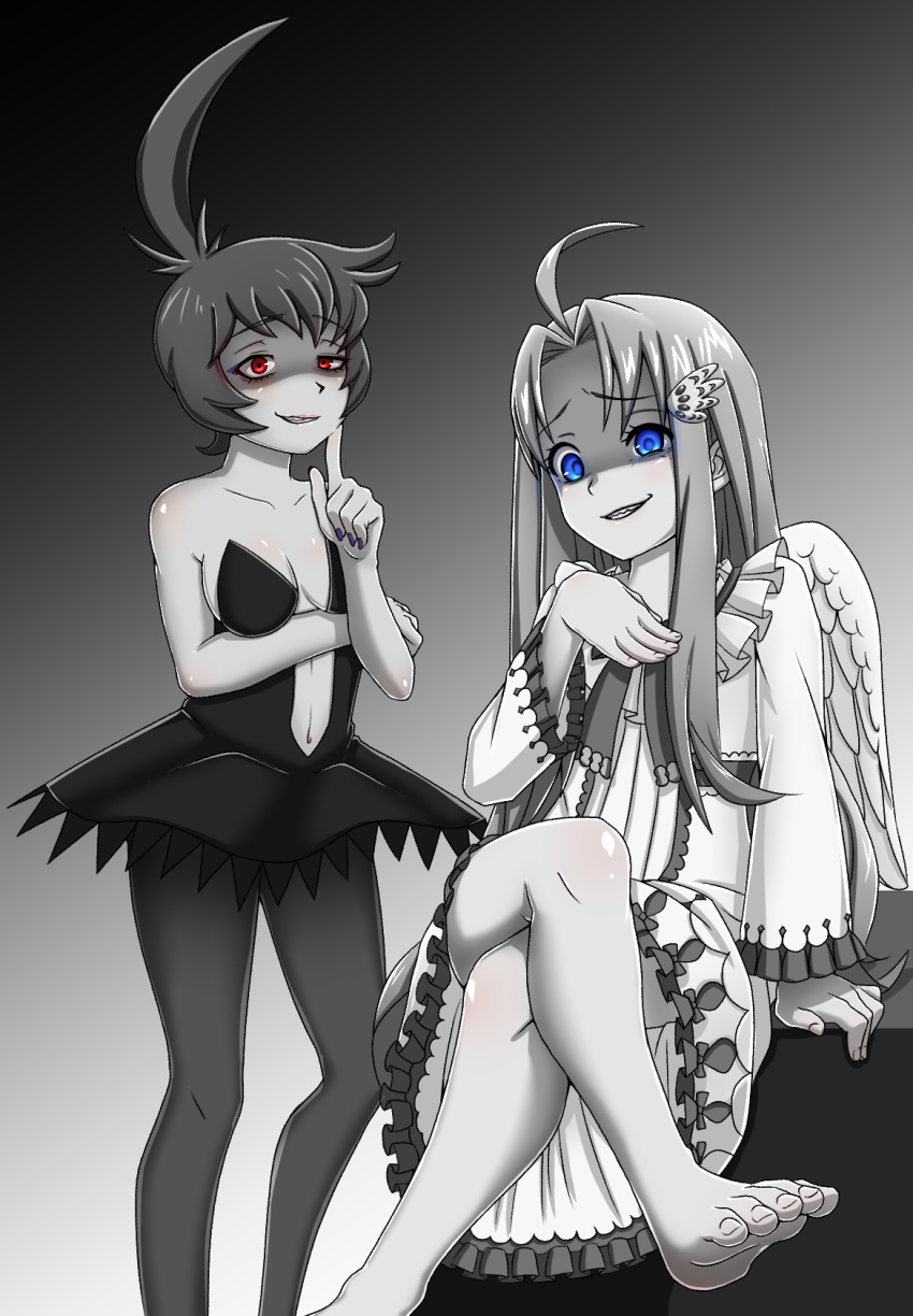 2girls ahoge bad_proportions bare_shoulders barefoot black_legwear blue_eyes breast_lift breasts crossed_legs drawfag feathered_wings firo_(tate_no_yuusha_no_nariagari) gesugao gradient gradient_background hair_intakes highres huge_ahoge index_finger_raised long_hair looking_at_viewer medium_breasts multiple_girls pantyhose parted_lips princess_kraehe princess_tutu purple_nails red_eyes short_hair sidelocks sitting spot_color tate_no_yuusha_no_nariagari tutu white_wings wings