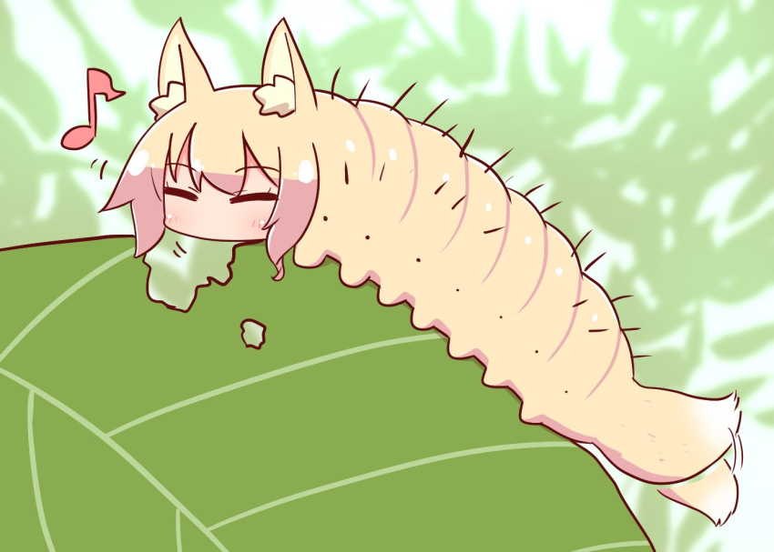 1girl afterimage animal animal_ear_fluff animal_ears animalization bangs blonde_hair blurry blurry_background blush caterpillar closed_eyes commentary_request depth_of_field eating eighth_note eyebrows_visible_through_hair fox_ears fox_girl fox_tail kemomimi-chan_(naga_u) larva leaf long_hair musical_note naga_u original sidelocks solo tail tail_wagging