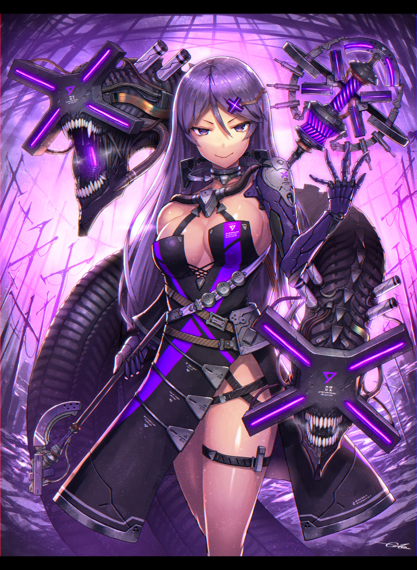 1girl belt breasts choker commentary_request cyborg dress gia hair_between_eyes hair_ornament hairclip highres holding holding_staff letterboxed long_hair looking_at_viewer mechanical_arms medium_breasts monster original purple_hair side_slit signature solo staff thigh_strap violet_eyes walking