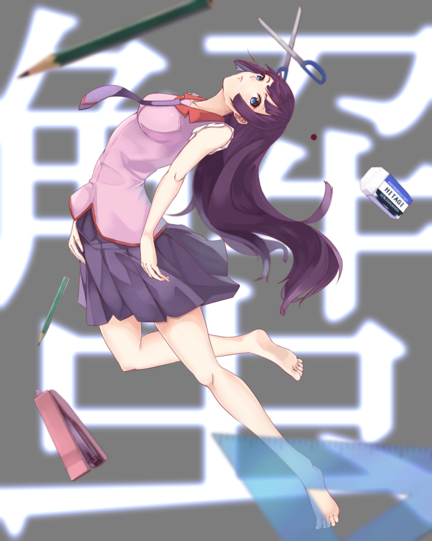 1girl arched_back bakemonogatari bangs bare_arms bare_legs barefoot blood_drop blue_neckwear blue_skirt blurry breasts character_name collar collarbone collared_shirt commentary_request copyright_request depth_of_field eraser feet floating floating_hair full_body grey_background head_tilt highres kanji kouren_go long_hair looking_at_viewer looking_to_the_side medium_breasts monogatari_(series) necktie pencil pink_shirt pleated_skirt purple_hair red_collar ruler school_uniform scissors senjougahara_hitagi shirt short_sleeves sidelocks skirt sleeves_rolled_up soles solo stapler stationery swept_bangs toes translated