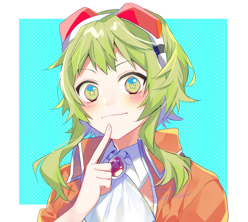 1girl :3 amulet blush commentary finger_to_chin flower_in_eye goggles goggles_on_head green_eyes green_hair gumi highres index_finger_raised jacket kaname_monika looking_at_viewer neckerchief orange_jacket red_goggles shirt short_hair short_hair_with_long_locks smile symbol_in_eye upper_body vocaloid white_shirt