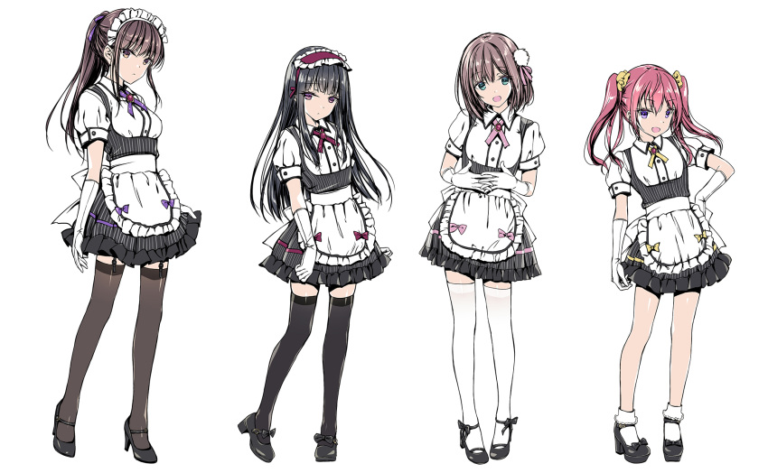 4girls :o apron aqua_eyes bare_shoulders black_footwear black_hair black_legwear blue_bra bra breasts closed_mouth dress eyebrows_visible_through_hair full_body garter_straps gloves hair_ribbon headdress high_heels highres kobayashi_chisato light_particles long_hair maid maid_headdress mary_janes medium_breasts multiple_girls off_shoulder original parted_lips pink_hair ponytail purple_bra purple_hair ribbon shiny shiny_skin shoes short_hair skindentation small_breasts socks strap_slip thigh-highs thighs twintails underwear violet_eyes white_gloves white_legwear