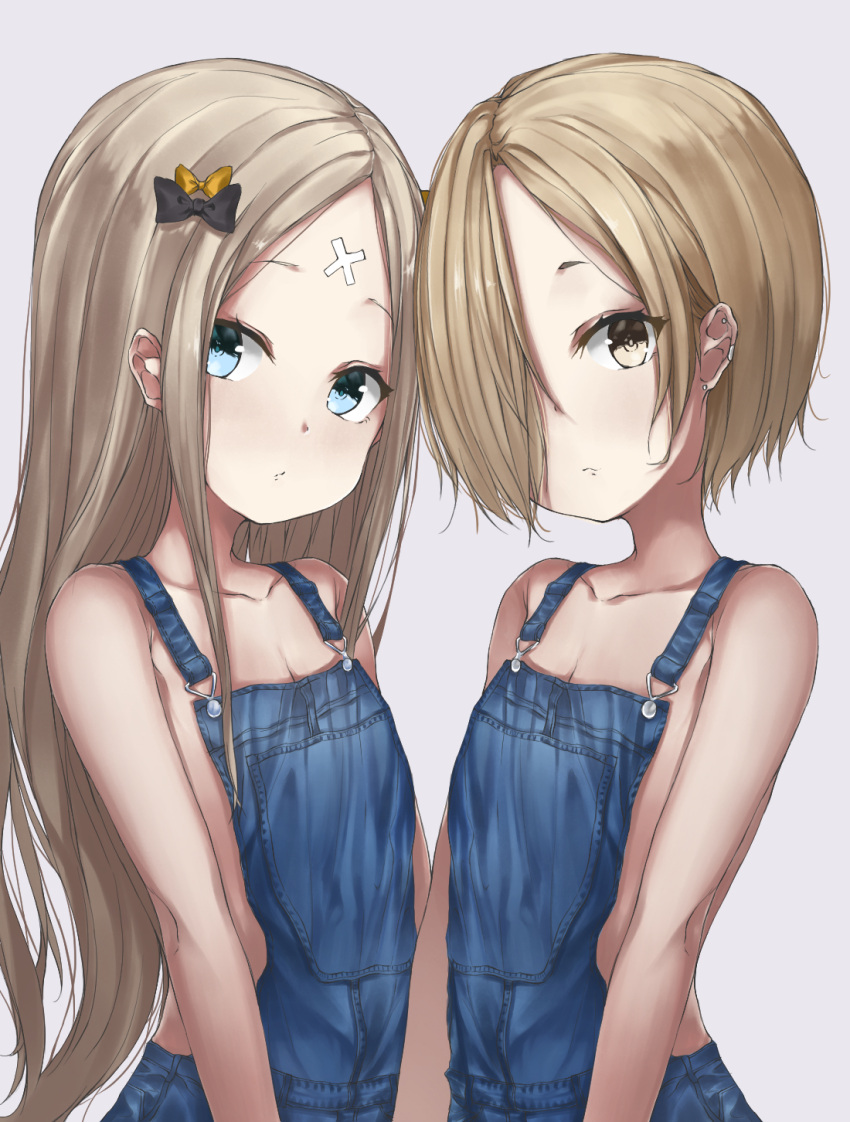 2girls abigail_williams_(fate/grand_order) bandaid_on_forehead bangs bare_shoulders black_bow blonde_hair blue_eyes blush bow breasts collarbone crossed_bandaids fate/grand_order fate_(series) forehead hair_bow hair_over_one_eye highres idolmaster idolmaster_cinderella_girls long_hair looking_at_viewer multiple_girls naked_overalls open_mouth orange_bow overalls parted_bangs parusu_(ehyfhugj) shirasaka_koume short_hair simple_background small_breasts white_background