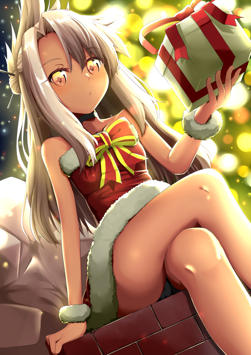 1girl absurdres backlighting bangs bare_shoulders blush borumete bow box breasts chloe_von_einzbern choker christmas crossed_legs dark_skin dress fate/grand_order fate_(series) fur-trimmed_dress gift gift_box hair_ornament hairpin half_updo highres long_hair looking_at_viewer orange_eyes pink_hair red_bow red_dress sidelocks sitting small_breasts solo thighs wrist_cuffs