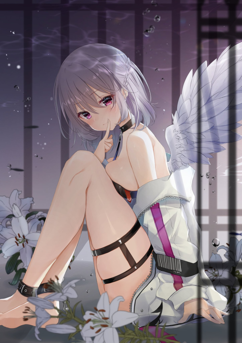 1girl air_bubble ankle_cuffs arm_support bandeau bangs bare_legs bare_shoulders barefoot black_choker blush braid breasts bubble choker commentary_request eyebrows_visible_through_hair feathered_wings feet_out_of_frame flower french_braid hair_between_eyes hand_up highres index_finger_raised jacket kishin_sagume knees_up large_breasts long_sleeves looking_at_viewer natsuki_(ukiwakudasai) off_shoulder short_hair sidelocks silver_hair single_wing sitting skindentation solo thigh_strap thighs touhou underwater violet_eyes white_flower white_jacket white_wings wings