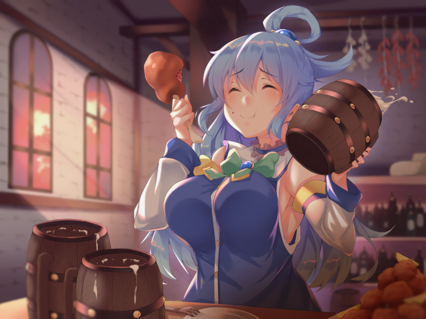 1girl aqua_(konosuba) armpits bangs black_mutou blue_hair blue_shirt blush bow breasts closed_eyes commentary_request crumbs cup detached_sleeves eyebrows_visible_through_hair food green_bow hair_between_eyes hair_ornament hair_rings highres holding holding_food indoors kono_subarashii_sekai_ni_shukufuku_wo! large_breasts shirt sitting smile table x_hair_ornament