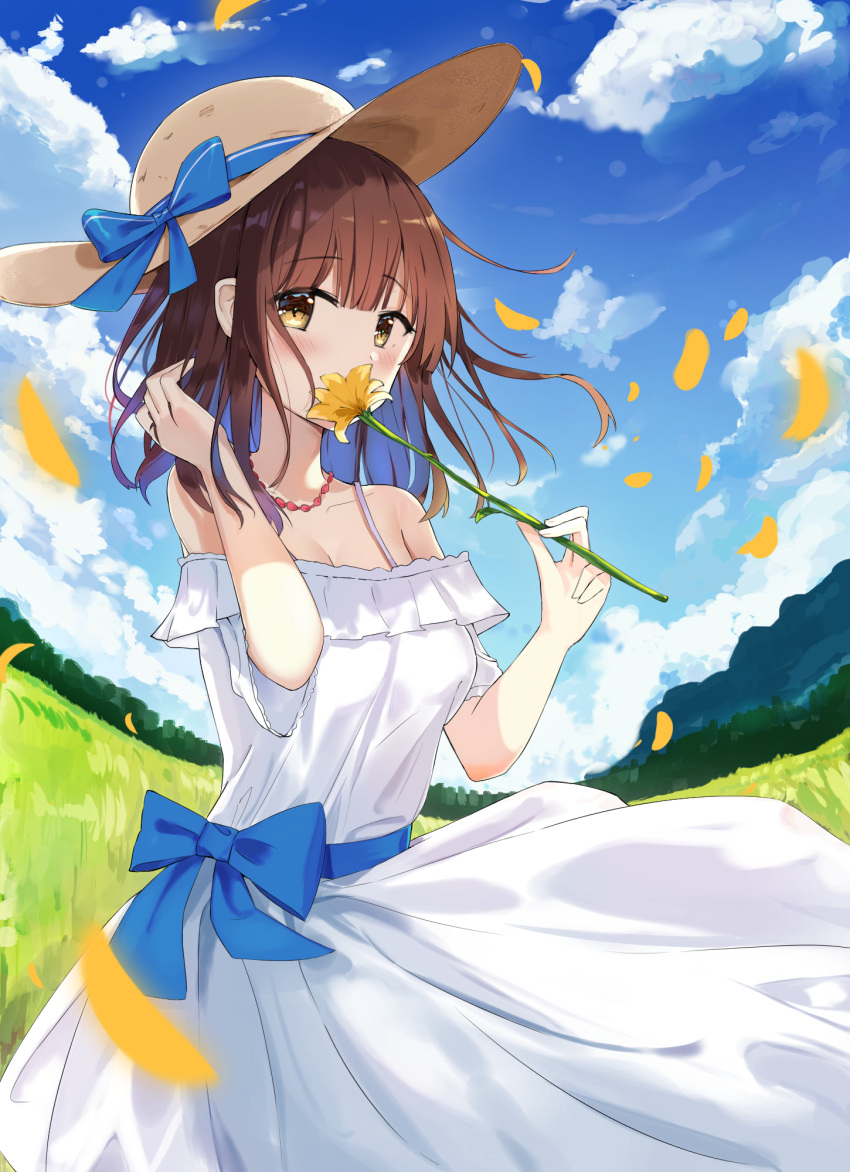 1girl bangs bare_shoulders blue_ribbon blush brown_eyse brown_hair clouds commentary_request day dress eyebrows_visible_through_hair flower hat hat_ribbon highres holding holding_flower looking_at_viewer medium_hair original outdoors ribbon sun_hat white_dress zhiyou_ruozhe