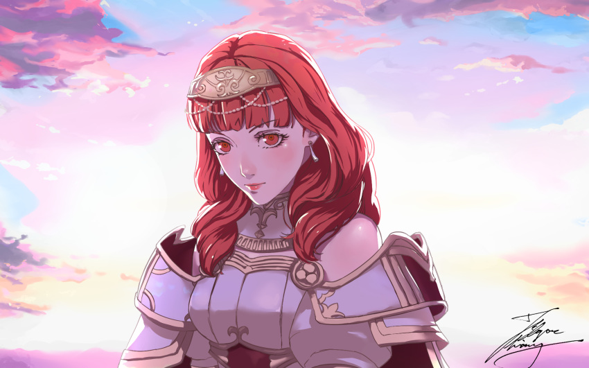 1girl celica_(fire_emblem) detached_collar dress earrings fadingzz fire_emblem fire_emblem:_three_houses fire_emblem_echoes:_shadows_of_valentia highres jewelry lipstick makeup signature sunset tiara upper_body