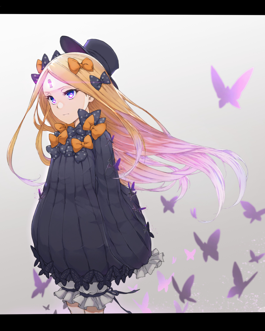 1girl abigail_williams_(fate/grand_order) absurdres bangs black_bow black_dress black_headwear blonde_hair bloomers blue_eyes bow bug butterfly commentary_request cowboy_shot dress fate/grand_order fate_(series) floating_hair glowing grey_background hair_bow hat highres insect keith8387 keyhole letterboxed long_hair long_sleeves looking_away orange_bow parted_bangs polka_dot polka_dot_bow sleeves_past_fingers sleeves_past_wrists solo underwear very_long_hair white_bloomers