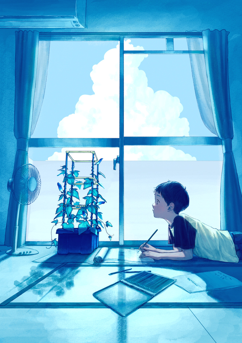 1boy absurdres air_conditioner balcony black_hair blue_flower blue_sky clouds curtains day electric_fan flower highres indoors kanai_(nai_nai) lying male_focus morning_glory on_stomach original pencil plant profile shirt sky solo summer t-shirt tatami trellis upper_body vines window