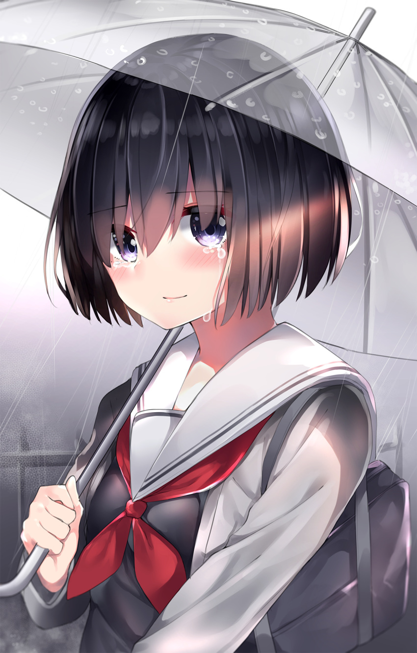 1girl bag bangs black_hair black_shirt blush cardigan closed_mouth commentary_request crying crying_with_eyes_open eyebrows_visible_through_hair grey_cardigan hair_between_eyes hand_up highres holding holding_umbrella long_sleeves looking_at_viewer neckerchief neku_(neku_draw) open_cardigan open_clothes original outdoors rain red_neckwear sailor_collar school_bag school_uniform serafuku shirt short_hair smile solo tears transparent transparent_umbrella umbrella upper_body violet_eyes white_sailor_collar