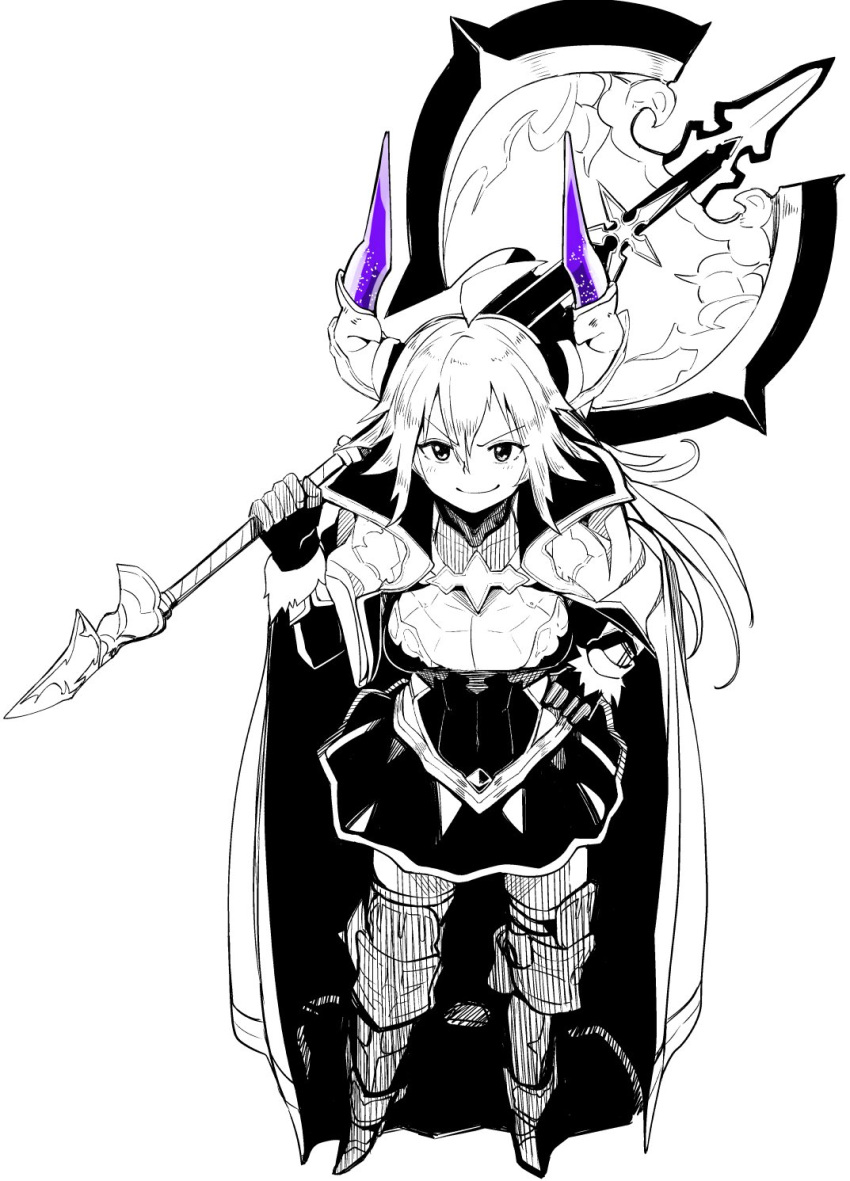 1girl ahoge armor axe blush cape closed_mouth draph dress eyebrows_visible_through_hair granblue_fantasy greaves greyscale hair_between_eyes hand_on_hip highres holding holding_axe holding_weapon horns huge_weapon long_hair luceva monochrome over_shoulder purple_horns simple_background smile solo spot_color thalatha_(granblue_fantasy) weapon weapon_over_shoulder white_background