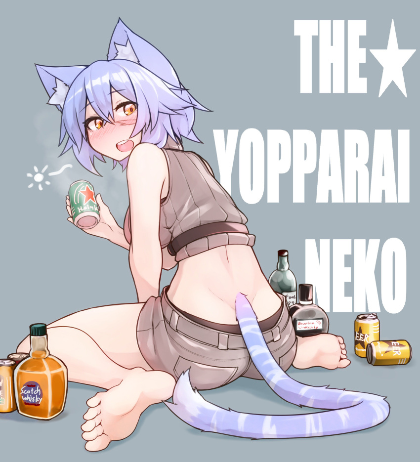 1girl absurdres alcohol animal_ears barefoot beer beer_bottle beer_can blue_hair blush bottle breasts can cat_ears cat_tail commentary drunk eyebrows_visible_through_hair facial_scar feet highres large_breasts looking_at_viewer looking_back nose_blush open_mouth orange_eyes original ryota_tentei scar scar_across_eye scar_on_cheek short_hair short_shorts shorts sitting solo sweatshirt tail tora_tentei whiskey