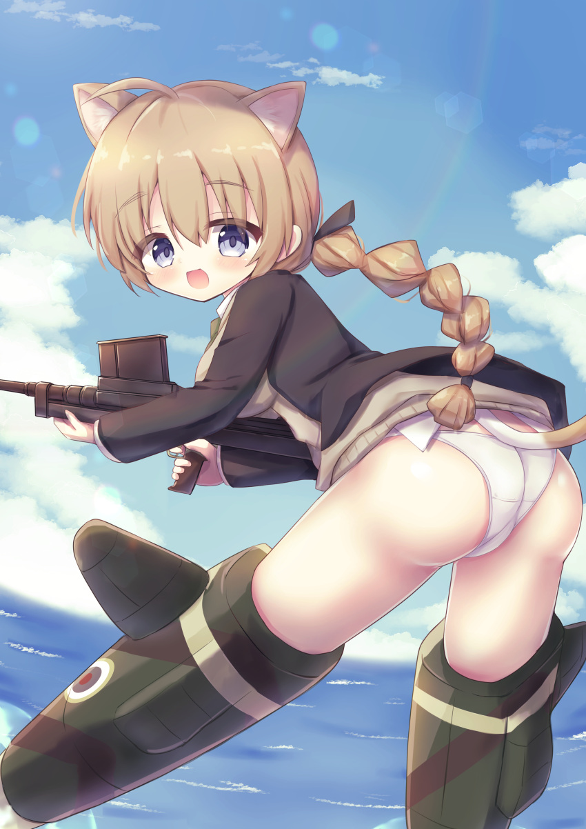 1girl :d absurdres ahoge animal_ears anti-tank_rifle ass bangs black_jacket black_ribbon blazer blue_eyes blue_sky blush boys_anti_tank_rifle braid breasts brown_hair brown_sweater cat_ears cat_girl cat_tail clouds day eyebrows_visible_through_hair gun hair_between_eyes hair_ribbon highres holding holding_gun holding_weapon jacket long_hair looking_at_viewer looking_back lynette_bishop medium_breasts ocean open_blazer open_clothes open_jacket open_mouth outdoors panties ribbon sky smile solo strike_witches striker_unit sweater tail underwear very_long_hair waste_(arkaura) water weapon white_panties world_witches_series