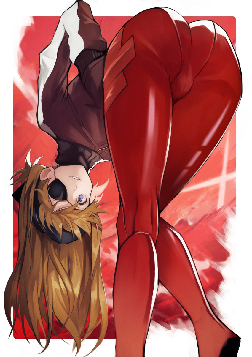 1girl 55level ass bangs bent_over black_eyepatch blue_eyes bodysuit breasts brown_hair commentary_request highres long_hair looking_at_viewer neon_genesis_evangelion orange_hair parted_lips smile solo souryuu_asuka_langley