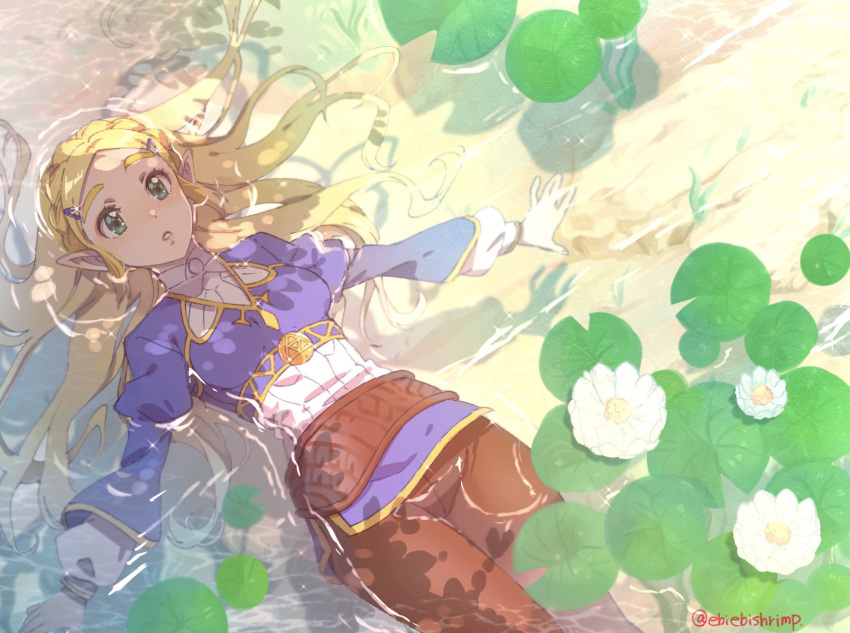 1girl bangs blonde_hair braid breasts crown_braid day flower green_eyes hair_ornament hairclip highres lips long_hair long_sleeves lotus lying medium_breasts on_back outdoors pants parted_bangs parted_lips partially_submerged pointy_ears princess_zelda shirt shuri_(84k) solo sparkle sunlight the_legend_of_zelda the_legend_of_zelda:_breath_of_the_wild thick_eyebrows twitter_username water