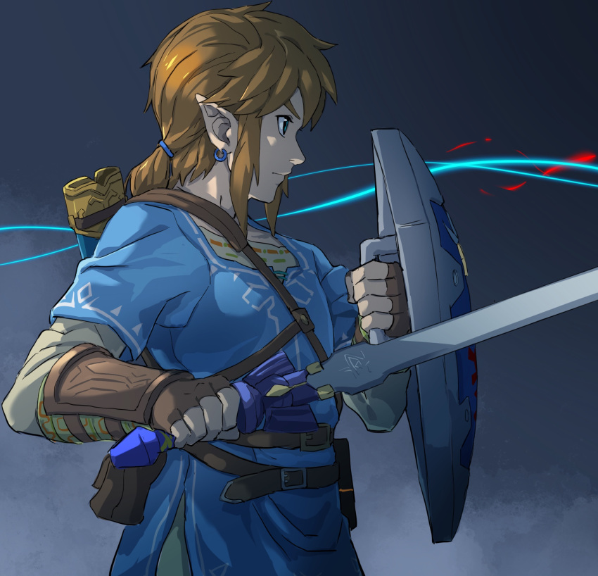 1boy arm_guards bangs belt blue_eyes brown_hair closed_mouth earrings fighting_stance from_side highres holding_shield jewelry link master_sword pointy_ears pouch pretty-purin720 profile sheath shield short_hair the_legend_of_zelda the_legend_of_zelda:_breath_of_the_wild tunic vial