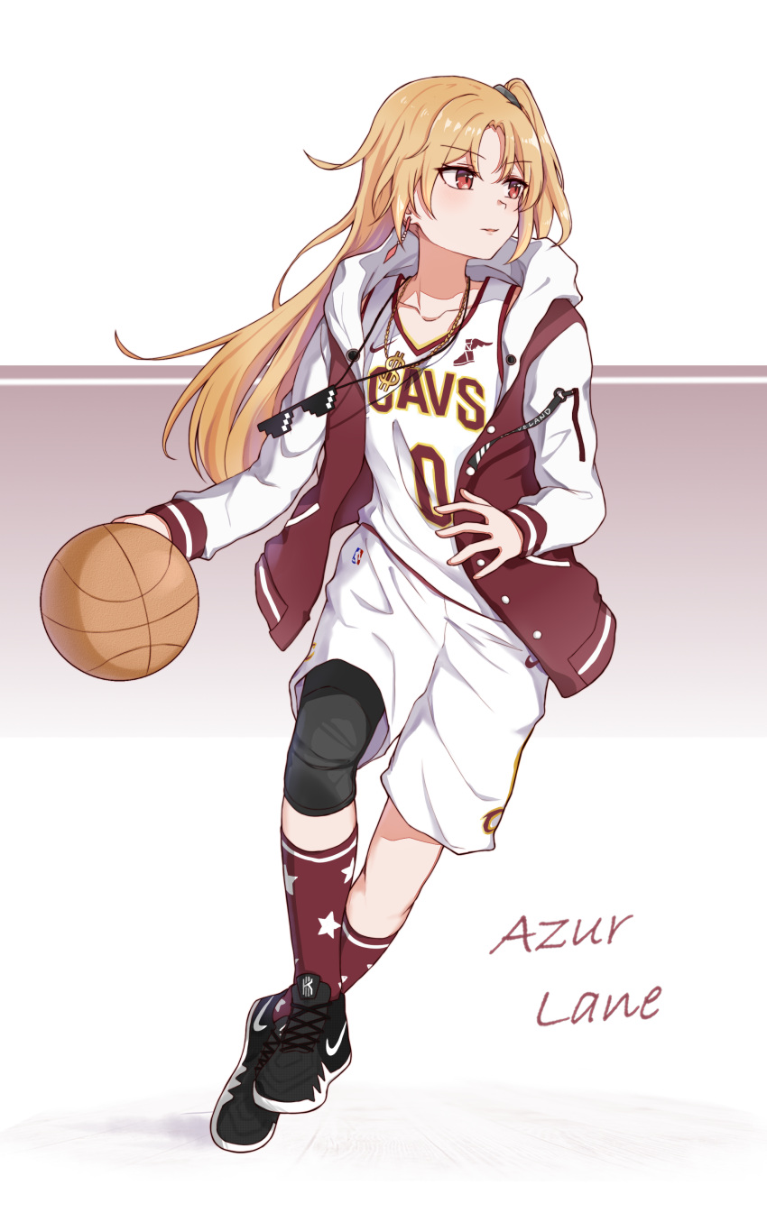 1girl absurdres alternate_costume azur_lane bangs basketball basketball_uniform bling blonde_hair cleveland_(azur_lane) cleveland_cavaliers collarbone commentary_request deal_with_it determined dribbling earrings eyebrows_visible_through_hair full_body hair_ornament hair_scrunchie highres hood hoodie jewelry knee_pads long_hair long_sleeves looking_to_the_side mango_(mgo) namesake national_basketball_association necklace one_side_up parted_lips red_eyes scrunchie shoes shorts sneakers solo sportswear sunglasses